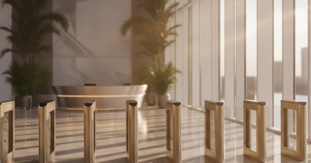 Row of brass-and-glass office-lobby turnstiles in early-morning raking light