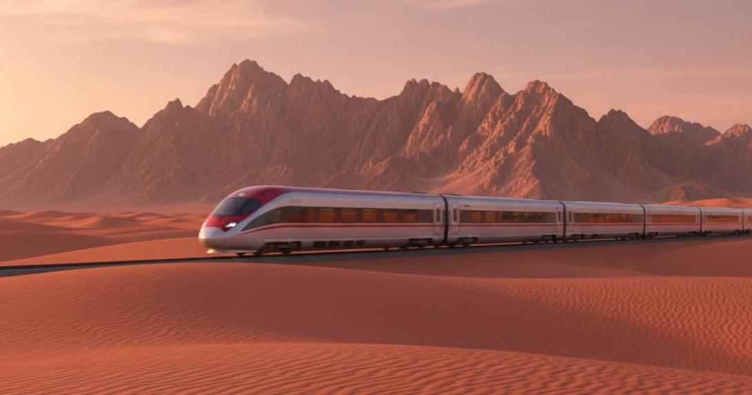 Modern passenger train in grey and red livery crossing red dunes with the Hajar mountains behind