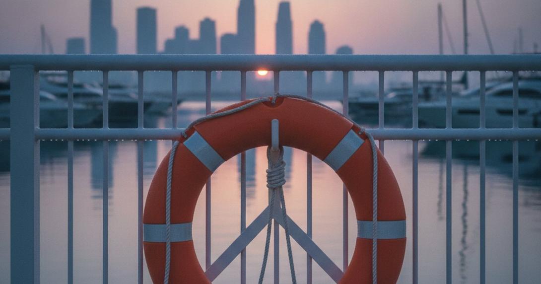 Orange lifebuoy hanging on a marina railing at first light with towers in soft focus behind