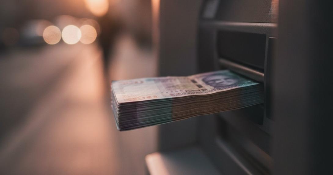 Close-up of banknotes being dispensed from an ATM slot at dawn