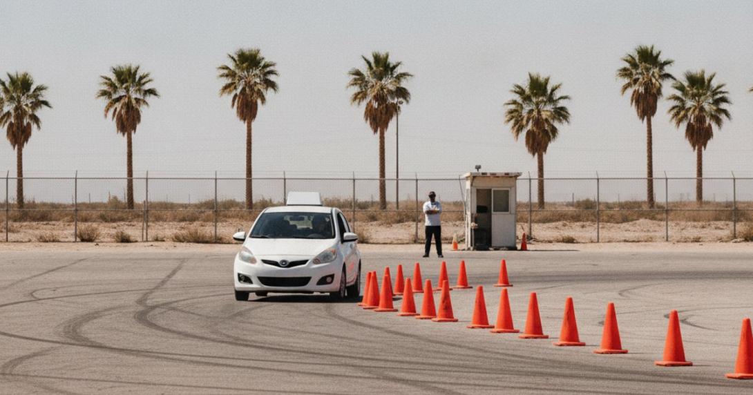 White driving-school training car weaving through orange cones on a training yard