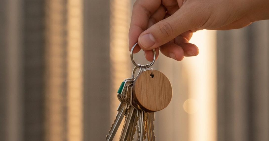 Hand holding apartment keys with modern UAE residential towers blurred in golden light behind