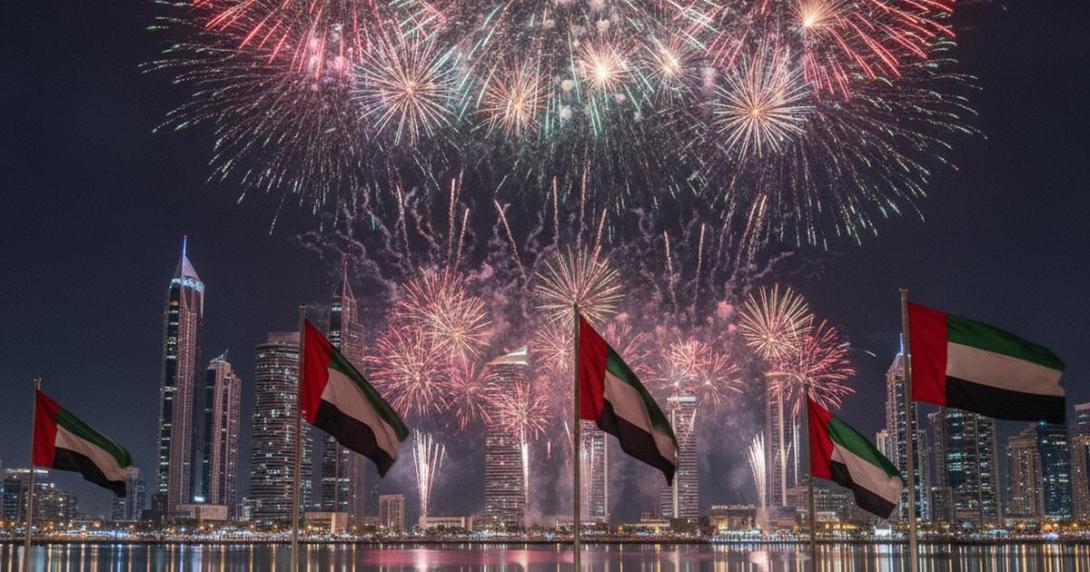 Fireworks in UAE flag colours over a corniche skyline lined with UAE flags on a public holiday night
