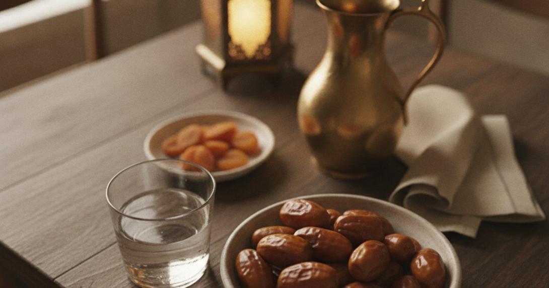 Iftar table at dusk with a bowl of dates, a glass of water, a brass pitcher and a glowing lantern