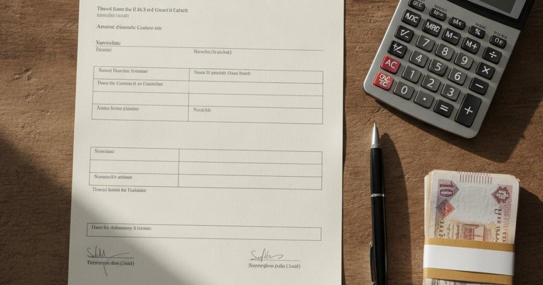 Tenancy contract, calculator and dirham banknotes laid out on a wooden table