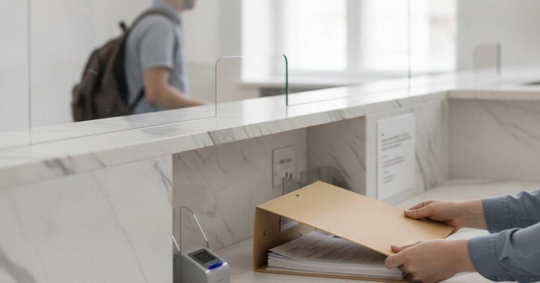 Documents passed across a bright government service counter