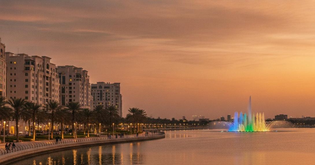 Al Majaz waterfront residential buildings and lagoon promenade in warm evening light