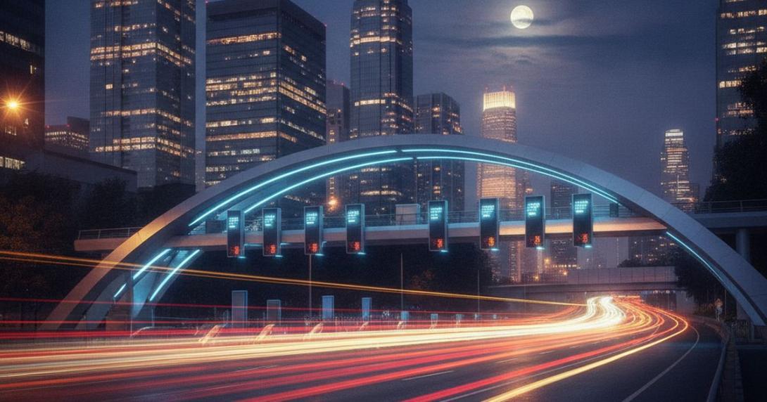 Electronic toll gantry over a city highway at night with traffic light trails