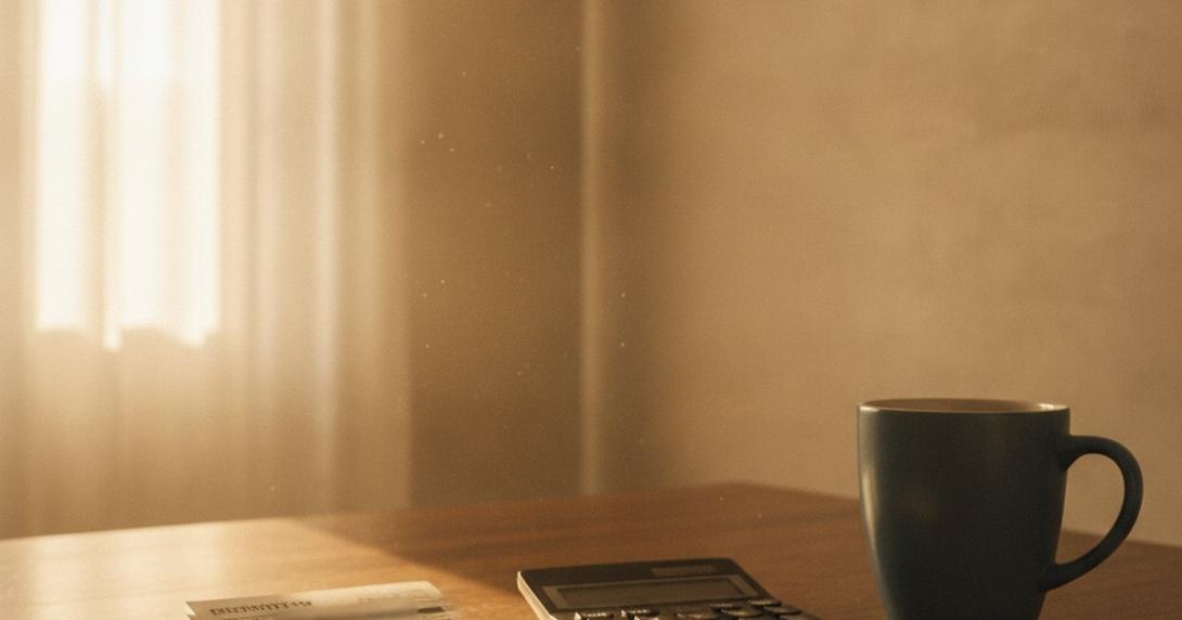 Printed utility bill and calculator on a kitchen table with an air conditioner behind