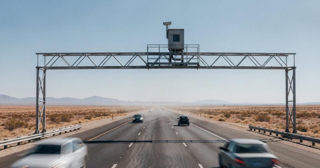 Radar speed camera on a gantry above a desert highway in midday light