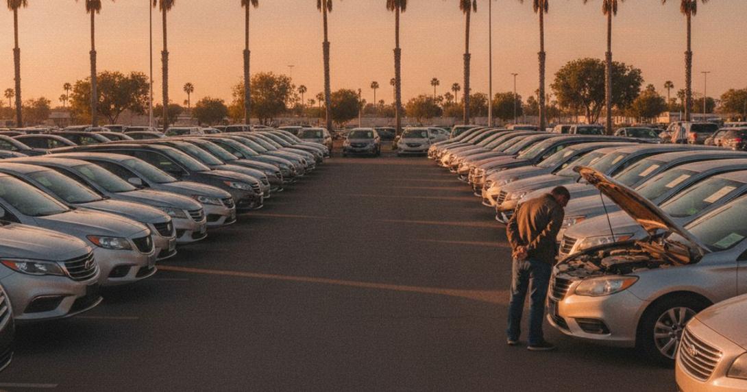 Rows of cars at a used-car lot at golden hour with a buyer inspecting an open bonnet