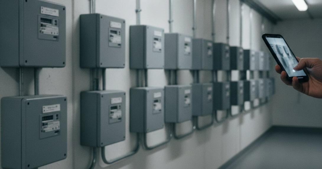 Bank of electricity meters in an apartment corridor with a hand noting a reading on a phone