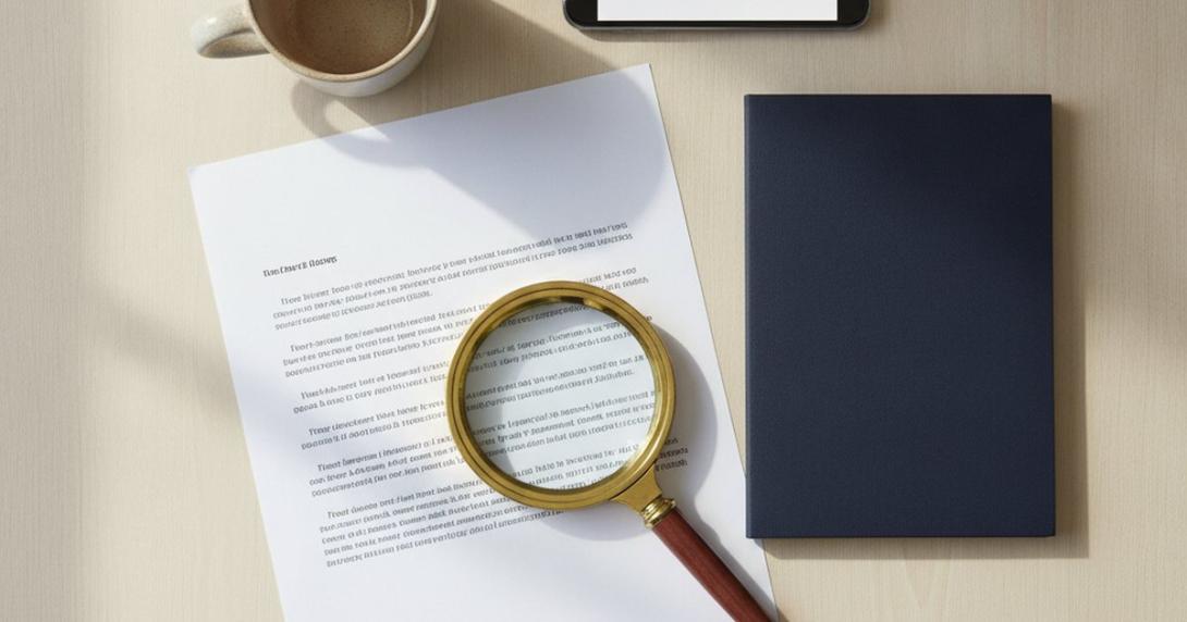 Overhead view of a printed job offer letter under a magnifying glass beside a phone and a document booklet