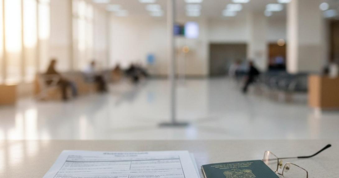 Printed visa application form and passport on a typing-centre counter in the UAE